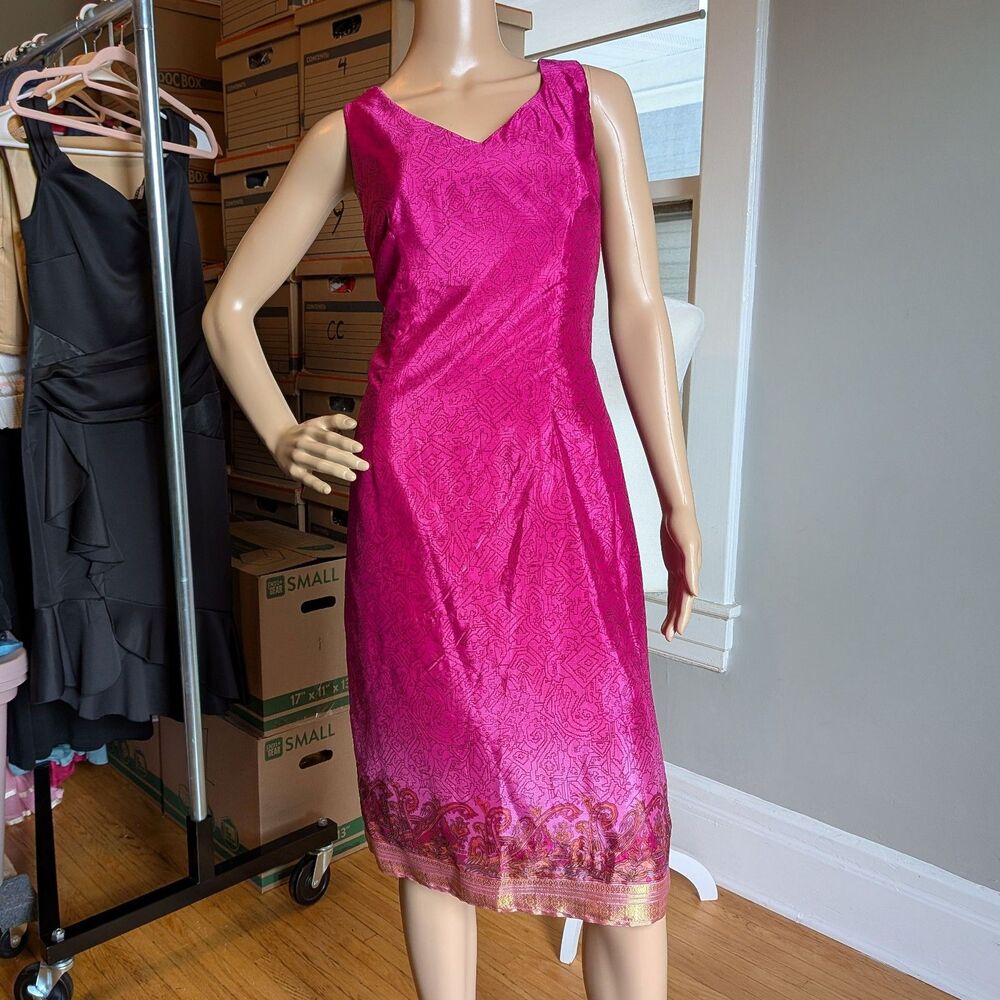 Vintage Y2K La Belle Midi Dress Pink Paisley Party Metallic Size 11